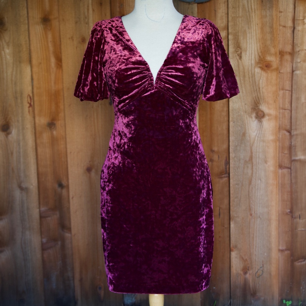Guess Crushed Velvet Plunging V Neckline Mini Dress In Merlot Woman's 6